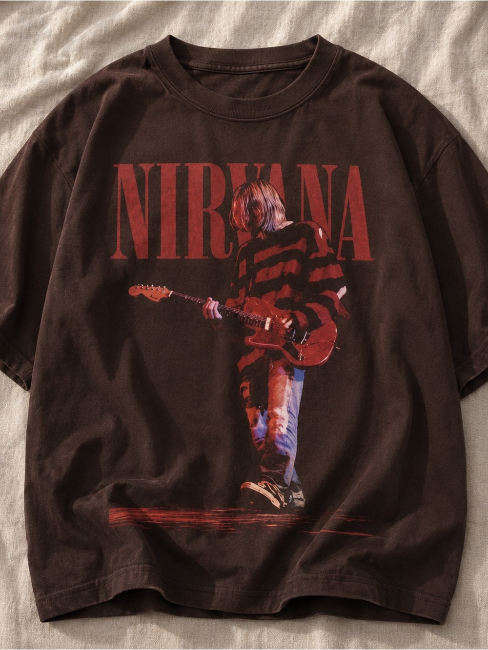 Gildan Brown Short-Sleeve Nirvana Graphic Tee with Red Print